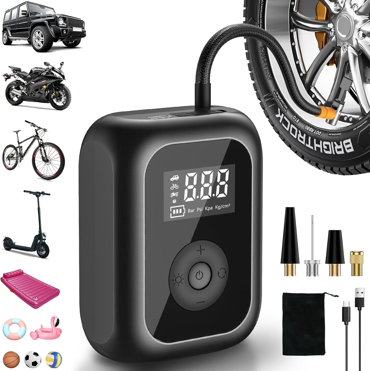 Compresor De Aire Portátil Onherm - 150 PSI, Inflador Automático Para Coche, Bicicleta, Moto Y Balones - Con Luz LED Y 5 Modos, Parada Automática