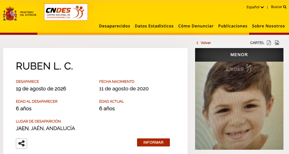 Buscan a un niño de seis años desaparecido en Jaén desde el 19 de agosto